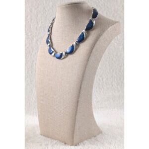 Vintage LISNER Blue Necklace Silver Tone Mid Century Mod Statement Jewelry